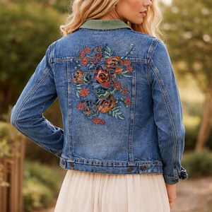 Sundance Medium Blue Denim Jean Jacket Back Floral Embroidered Corduroy Collar